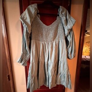 Blue Smocked Dress with Puff Sleeves